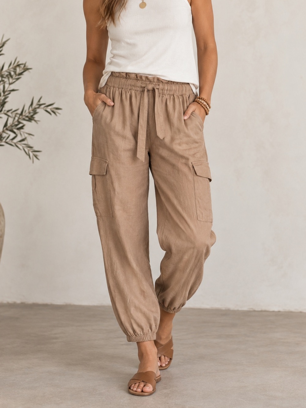 Arie Relaxed Linen Cargo Jogger Pants in Taupe - Women
